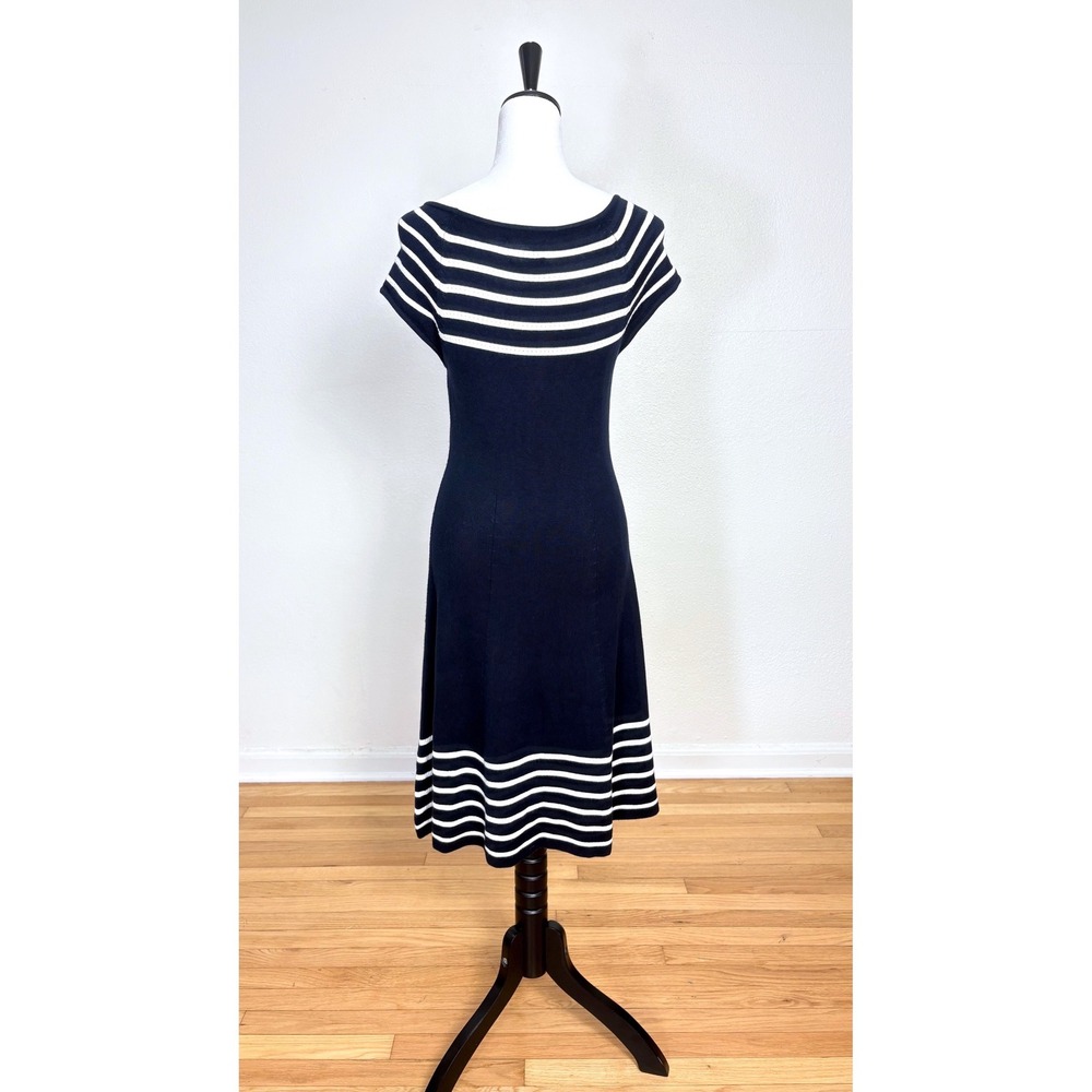 Eliza J Navy Blue & White Striped Knit Midi Dress Size Small Cap Sleeve Chic